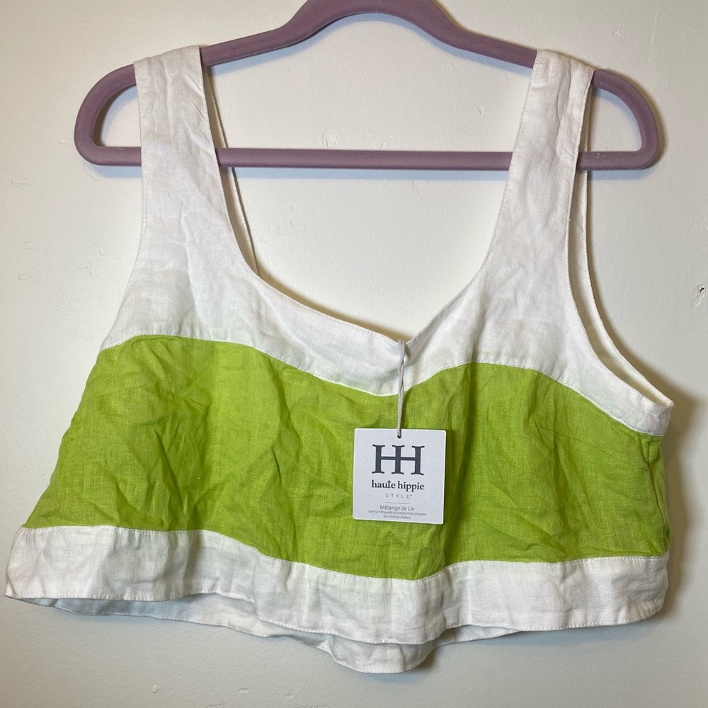 Haute Hippie Linen Crop TankTop  Size L NWT  White / Lime  Coastal Chic Y2K